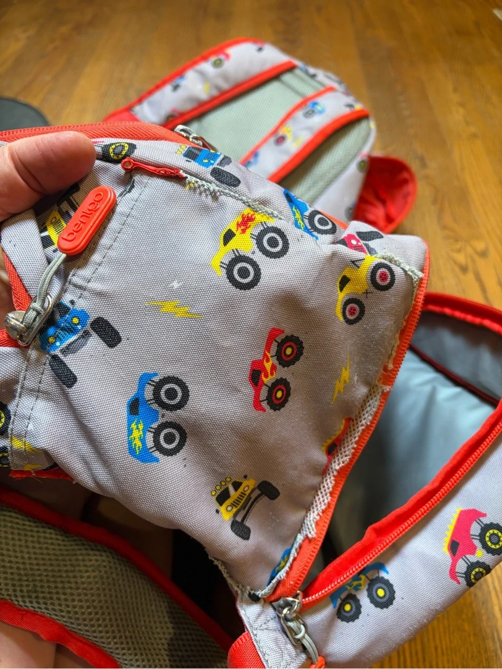 Kids Gray and Orange Truck Print Backpack - Unbranded